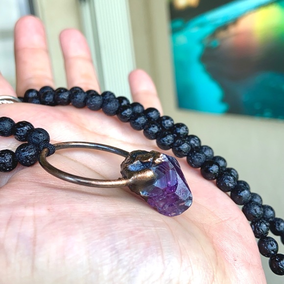 Genuine amethyst crystal stone bead lava necklace - Picture 5 of 16